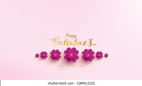 Happy Valentines Day Greeting Card With Pink And Purple Flower Rose Shape Horizontal Or Landscape. Floral Background Concept Suitable For Copy Space Text, Invitation, Posters, Brochure, Banners