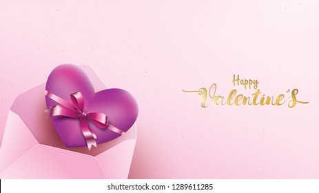 Happy Valentines Day greeting card with pink envelope and purple heart. Gold valentine ribbon concept text suitable for banner, poster, advertising and promotion background