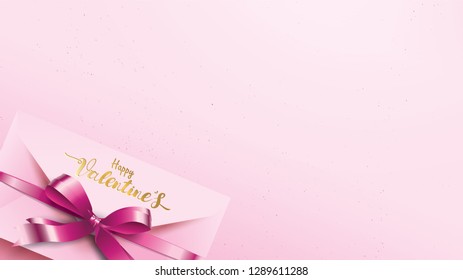 Happy Valentines Day greeting card with pink envelope and purple heart. Gold valentine love concept text suitable for banner, poster, advertising and promotion background