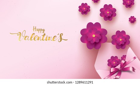 Happy Valentines Day greeting card with pink envelope and purple flower. Gold valentine floral concept text suitable for banner, poster, advertising and promotion background
