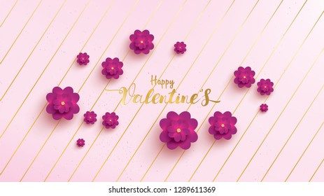 Happy Valentines Day greeting card with pink and purple flower rose. floral background concept with line strip suitable for copy space text Wallpaper, flyers, invitation, posters, brochure, banners