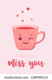 Happy valentine's day greeting card. Cup with cute kawaii face with hearts. Scrapbooking, card, invitation, clip art