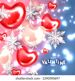 Happy Valentines Day greeting card with paper cut rose heart balloon snowflake gift boxes with red bow confetti light garland