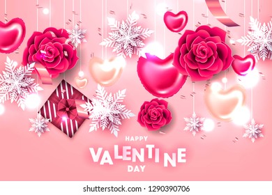 Happy Valentines Day greeting card with paper cut rose heart balloon snowflake gift boxes with red bow confetti light garland