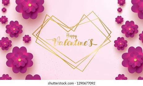 Happy Valentines Day greeting card with pink and purple flower rose. floral background concept with line strip geometric suitable for copy space text , flyers, invitation, posters, brochure, banners