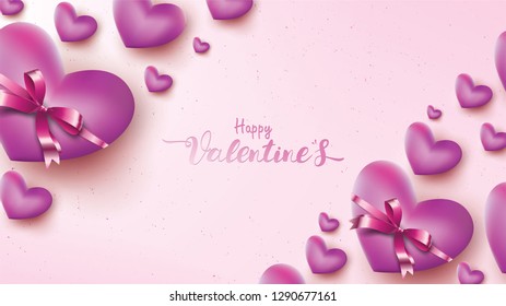 Happy Valentines Day greeting card with pink and purple heart balloon ribbon. Love background concept suitable for copy space text Wallpaper, flyers, invitation, posters, brochure, banners