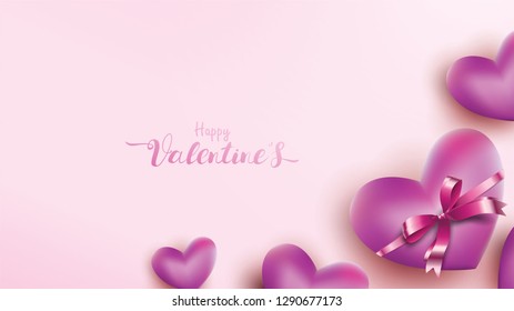 Happy Valentines Day greeting card with pink and purple heart balloon ribbon. Love background concept suitable for copy space text Wallpaper, flyers, invitation, posters, brochure, banners