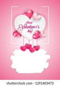 Happy Valentine's Day greeting card design decorated with glossy heart shapes on pink background.