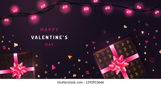 Happy Valentines Day greeting card with realistic gift boxes, sparkling golden confetti and glowing garlands isolated on purple background.  Vector illustration for banner, posters, wedding invitation