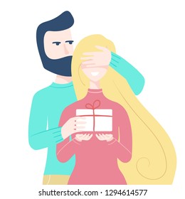 Happy valentines day greeting card. Hug couple in love, gift present. Vector flat cartoon illustration
