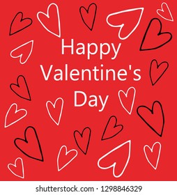 Happy Valentine's Day greeting card with slogan and hearts, white, black on a red background, stock vector illustration