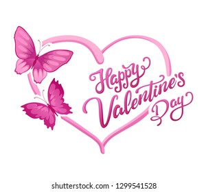 Happy Valentines Day greeting card with lettering heart and butterflies. Pink volume vector letters and illustrations for banners poster or greeting card on a white background. Calligraphic hand drawn