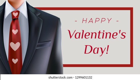 Happy Valentine's Day greeting card with formal suit and men with red heart necktie. For formal office greetings