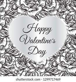 Happy Valentine's Day greeting card template. Silver heart with lettering. Ink pen roses background