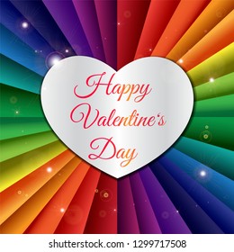 Happy Valentine's Day greeting card template. Silver heart with lettering and rainbow ribbons