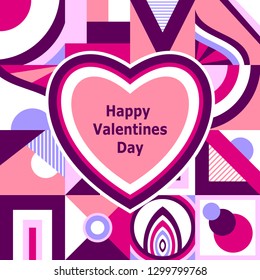 Happy Valentines  Day. Greeting  Card or banner  with Heart frame in  Memphis or mosaic style or abstract geometric pattern or stained glass windows effect 