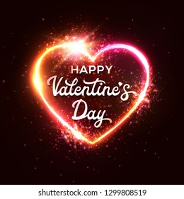 Happy Valentine's Day greeting card on dark red heart background. Bright neon sign design. Retro 80s style neon lights heart sign with halogen or led lamp frame element. Glowing vector illustration.