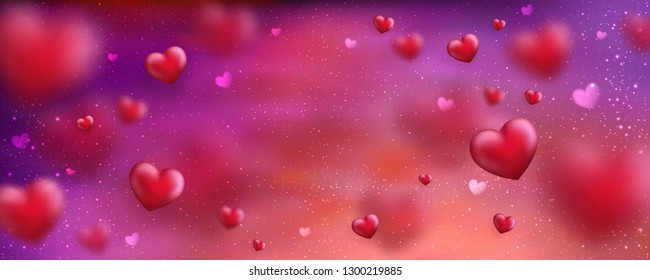 Happy Valentine's Day greeting card. Cute love banner for 14 February. Holiday background with 3d hearts, light, stars on red. Vector Illustration