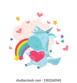 Happy Valentine's Day greeting card with unicorn. Vector