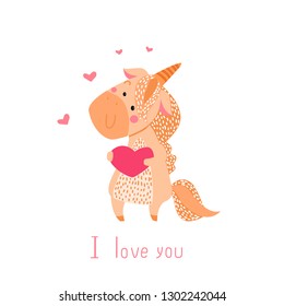 Happy Valentine's Day greeting card with unicorn. Vector