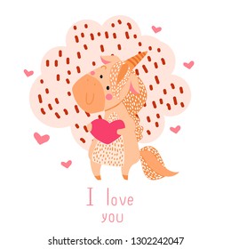 Happy Valentine's Day greeting card with unicorn. Vector