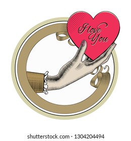 Happy Valentine's Day greeting card. Valentines hearts collection. Round icons in vintage engraving style with hands and accessories. Vector illustration.