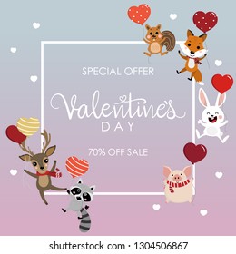 Happy Valentine's Day greeting card with cute animal hold the heart balloons. Deer, squirrel, fox, pig, racoon and rabbit cartoon character.