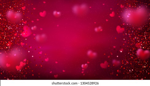 Happy Valentines Day greeting card. I Love You. 14 February. Holiday background with hearts, light, stars. Vector Illustration