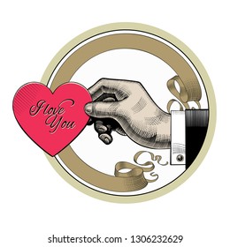Happy Valentine's Day greeting card. Valentines hearts collection. Round icons in vintage engraving style with hands and accessories. Vector illustration.