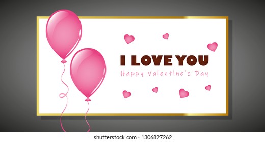 happy valentines day greeting card with pink hearts and balloons vector illustration EPS10