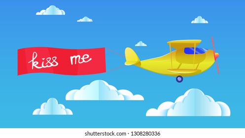 Happy Valentine's Day greeting card! Yellow bright shiny and small agricultural Airplane flies with the banner Kiss me! among the clouds paper cut style. 