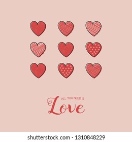 Happy Valentine's Day greeting card with hand drawn hearts. Vector