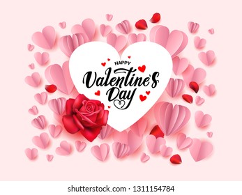 Happy valentines day greeting card with roses, hearts shape elements and ribbon. Vector illustration.
