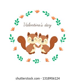 Happy Valentine's Day greeting card with cute squirrels in love.