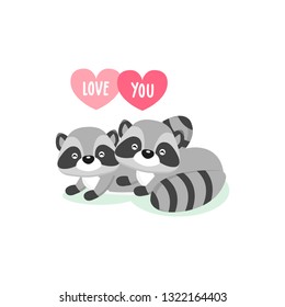 Happy Valentine's Day greeting card with cute couple raccoons in love. 