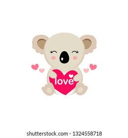 Happy Valentine's Day greeting card with cute koala hold big heart.