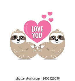 Happy Valentine's day greeting card with couple sloth and heart. 
