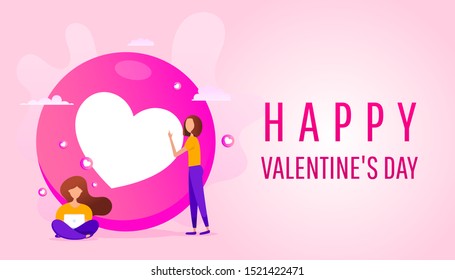 Happy Valentines Day greeting card with little girls on the background of a pink heart shape. Happy birthday, greeting card, banner and poster.