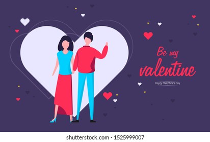 Happy Valentines Day greeting card with young girl with heart shape emotion on pink background. 