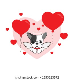  Happy Valentine's day greeting card. Cute  dog angel with heart balloons. 