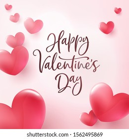 Happy Valentines Day greeting card. Volume realistic heart shapes with shadows flying on pink background. Modern trendy typography composition. Vector illustration.