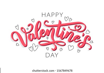 Happy Valentines Day greeting card. Calligraphic design for print cards, banner, poster Hand drawn text lettering for Valentines Day with hearts shape Vector illustration isolated on white background.