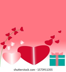 Happy valentines day greeting card with heart shape, heart flower and pink background gift box
