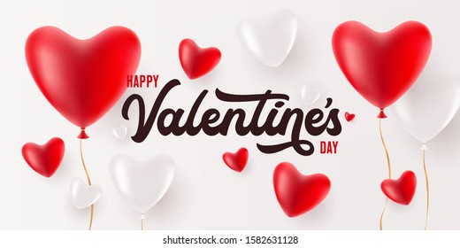 Happy Valentines Day greeting card. Volume realistic heart shape red and white balloons with shadows on light background. Modern trendy typography composition. Vector illustration.