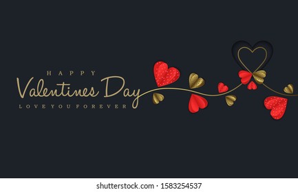 happy valentines day greeting card with paper cut and line of heart. I love you forever text on luxury black background