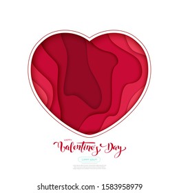 Happy Valentines Day greeting card. 3d paper cut heart concept design background. Vector illustration. Paper carving heart shapes with shadow. February 14.