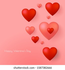 Happy Valentines Day greeting card vector template. Romantic poster with 3d red hearts. Vector illustrtation.