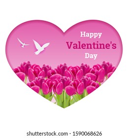 Happy Valentine's Day greeting card. Abstract background. Vector illustration with a big bouque tulips and birds in paper heart. Design for paper, prints, brochure, cover, banners etc.