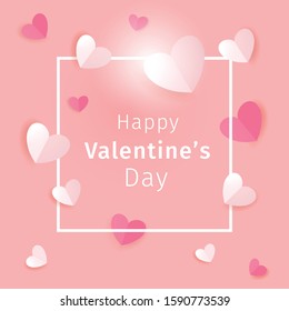 Happy Valentines Day greeting card. White and red hearts and a frame with inscription on red coral background. Paper design. Festive valentine day poster, greeting cards, headers, website