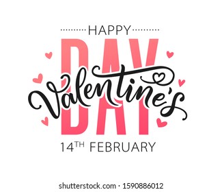 Happy Valentines Day greeting card. Hand drawn text lettering for Valentines Day with hearts. Calligraphic design for print cards, banner, poster. Vector illustration isolated on white background.